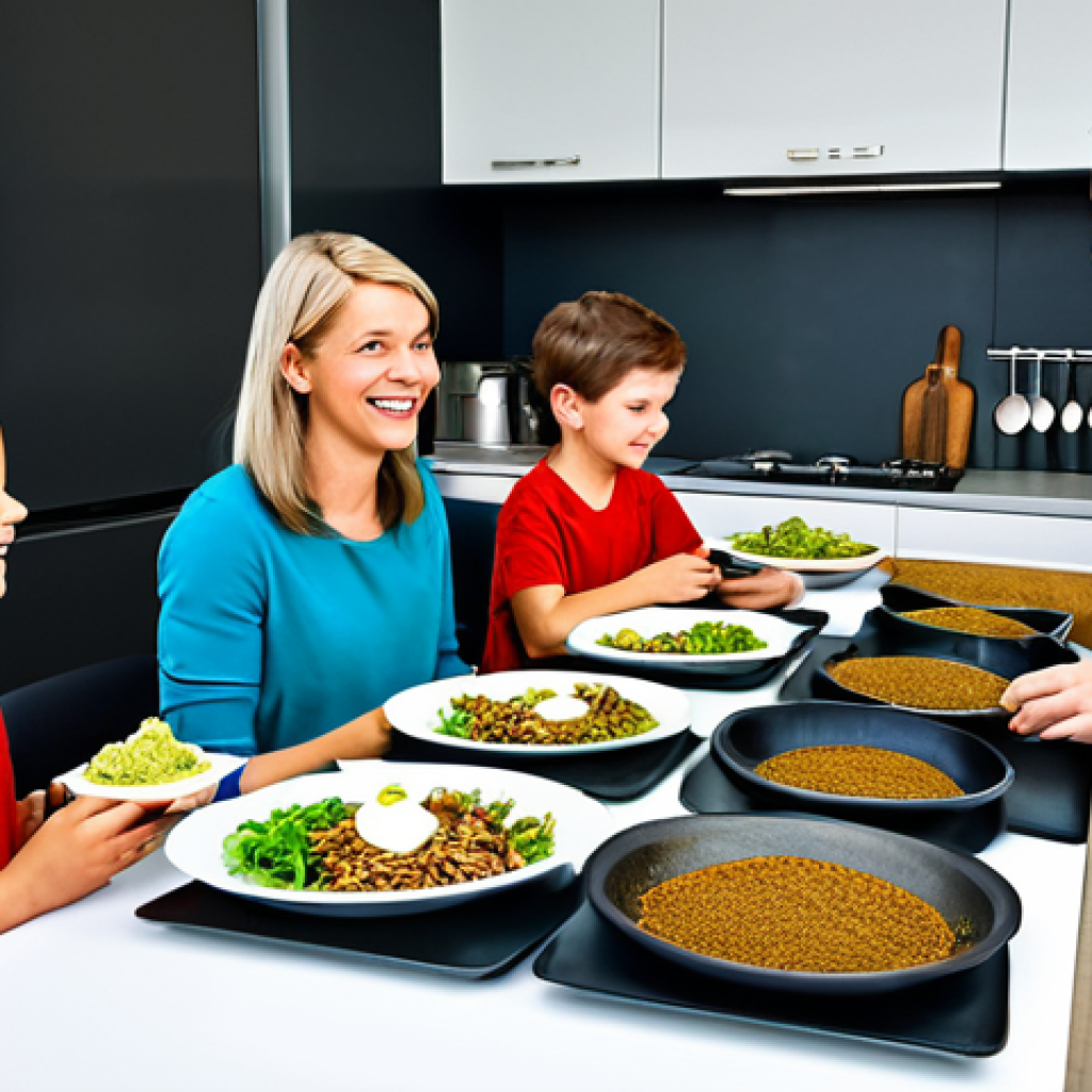 **

"A diverse group of fully clothed people of various ages, including children, are smiling and looking at a table filled with dishes prepared with insect protein, such as cricket flour bread, mealworm chocolate, and grasshopper salad. The scene is set in a bright and modern kitchen.  Everyone is wearing modest, everyday clothing.  The food looks appetizing and well-prepared. Appropriate content, safe for work, perfect anatomy, natural proportions, professional, family-friendly, high quality illustration."

**