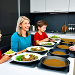 **

"A diverse group of fully clothed people of various ages, including children, are smiling and looking at a table filled with dishes prepared with insect protein, such as cricket flour bread, mealworm chocolate, and grasshopper salad. The scene is set in a bright and modern kitchen.  Everyone is wearing modest, everyday clothing.  The food looks appetizing and well-prepared. Appropriate content, safe for work, perfect anatomy, natural proportions, professional, family-friendly, high quality illustration."

**