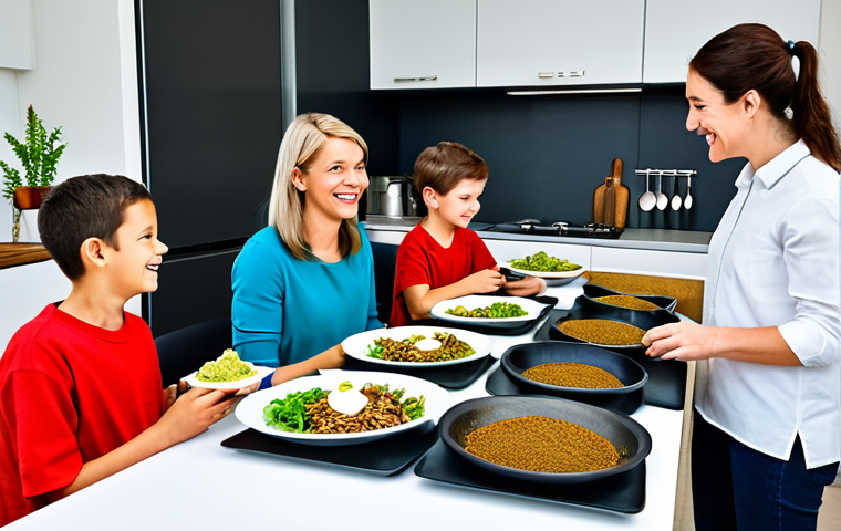 **
"A diverse group of fully clothed people of various ages, including children, are smiling and looking at a table filled with dishes prepared with insect protein, such as cricket flour bread, mealworm chocolate, and grasshopper salad. The scene is set in a bright and modern kitchen. Everyone is wearing modest, everyday clothing. The food looks appetizing and well-prepared. Appropriate content, safe for work, perfect anatomy, natural proportions, professional, family-friendly, high quality illustration."
**