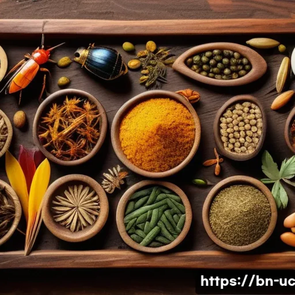 곤충단백질을 활용한 고단백 간식 - A vibrant and detailed close-up of a variety of edible insects arranged artistically on a rustic woo...