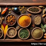 Home 20 곤충단백질을 활용한 고단백 간식 - A vibrant and detailed close-up of a variety of edible insects arranged artistically on a rustic woo...