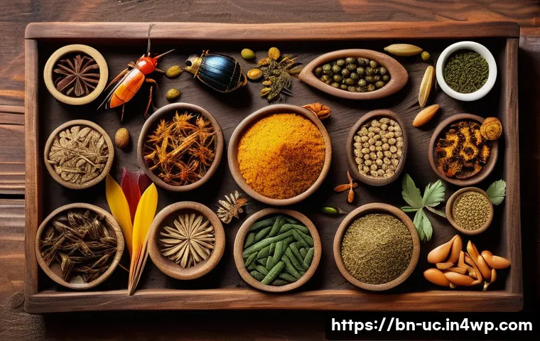 곤충단백질을 활용한 고단백 간식 - A vibrant and detailed close-up of a variety of edible insects arranged artistically on a rustic woo...