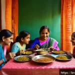 Home 23 곤충단백질의 미래 전망 - A vibrant and detailed scene of a traditional Bengali family enjoying a meal together around a woode...