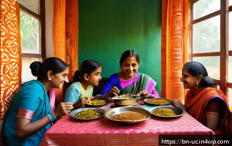 곤충단백질의 미래 전망 - A vibrant and detailed scene of a traditional Bengali family enjoying a meal together around a woode...