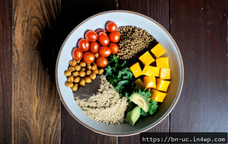 곤충단백질과 비건 식단의 통합 - Photorealistic overhead food comparison on a clean wooden table: a clear bowl of roasted crickets an...